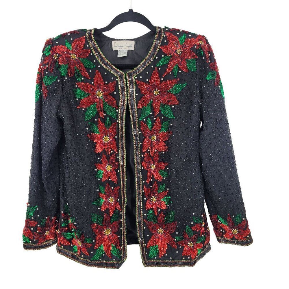 Vtg 80s Black Silk Red Poinsettia Beaded Jacket Cardigan Sz S Christmas Holiday